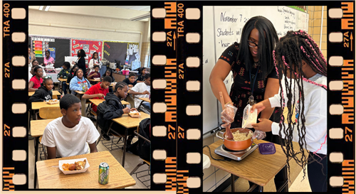Students sampling food and Dr. O and student preparing pounded yams.